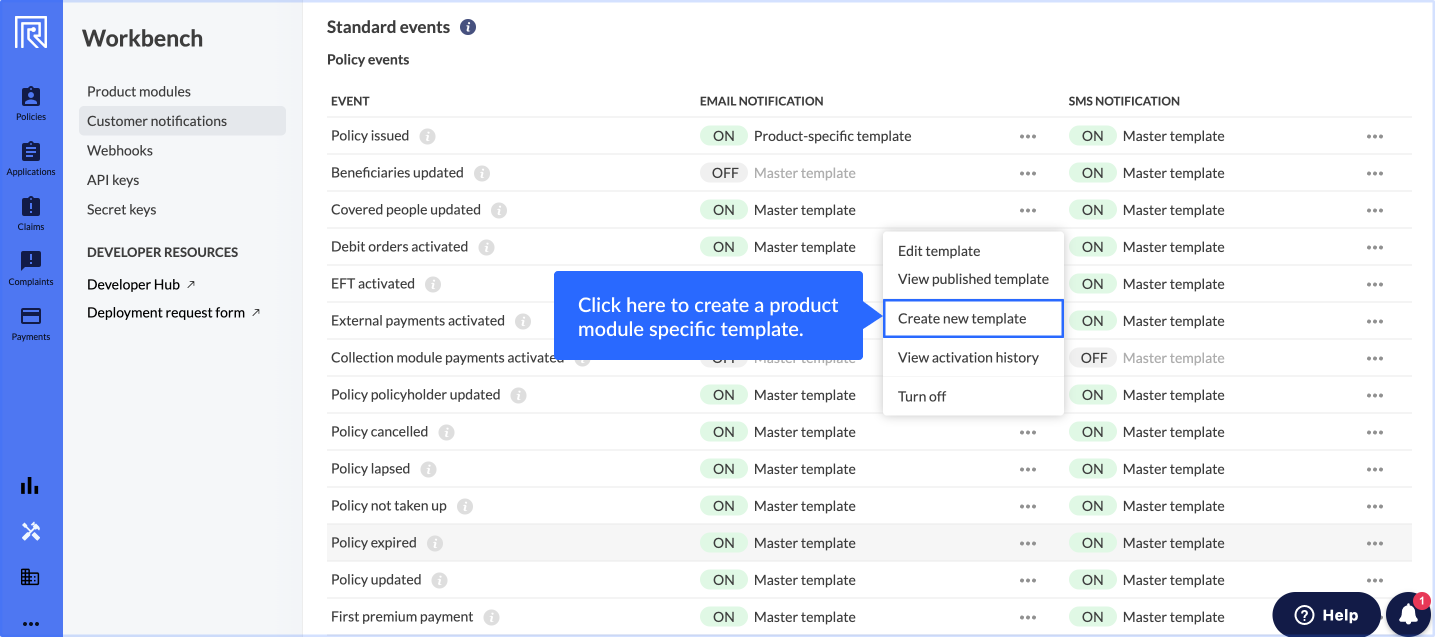 The customer notifications tooling on the Root management dashboard.