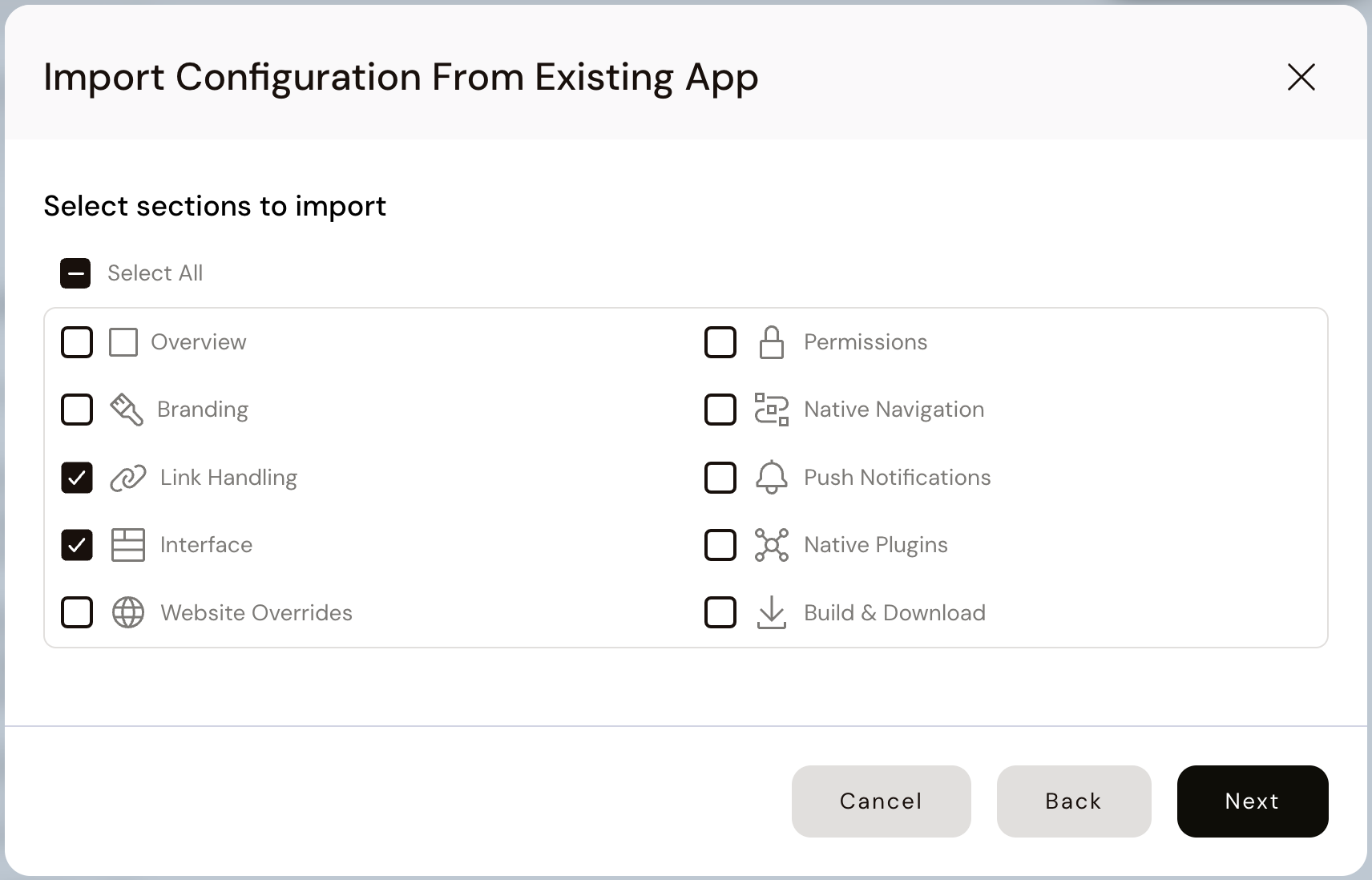 Import from Existing App - Step 2