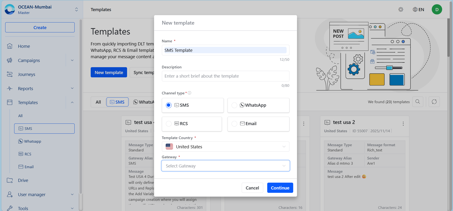 Create SMS template and select template country