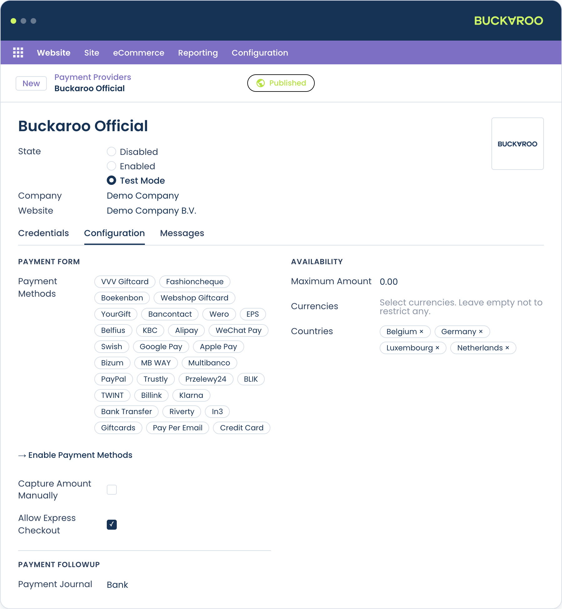 Odoo payment method configuration
