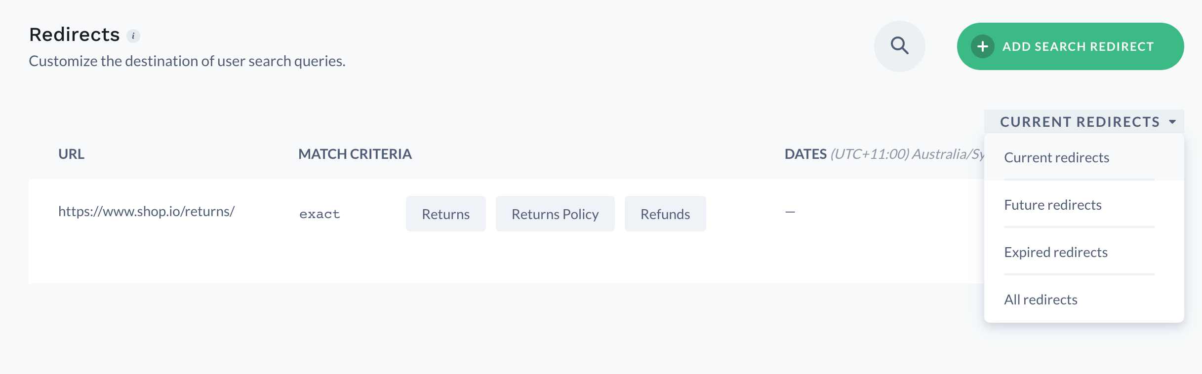 Configuring redirects via the Constructor dashboard - selecting from dropdown