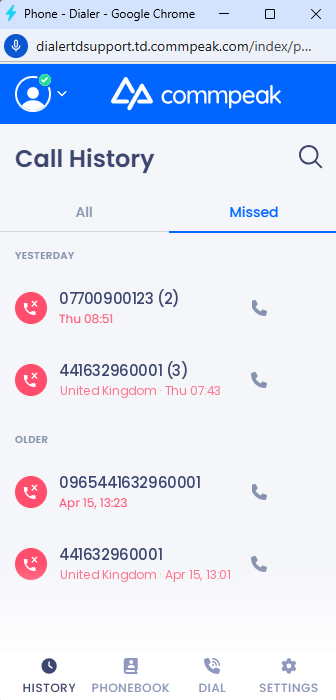 Screenshot of the Call History screen: Missed tab