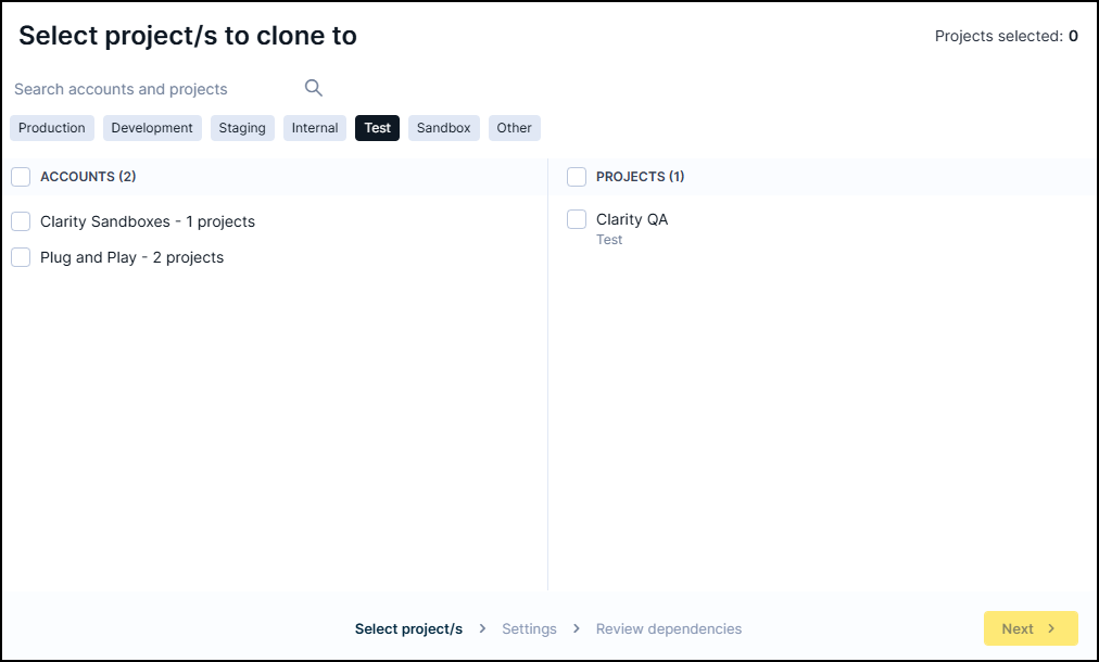 Account and project selection screen for cloning destination.