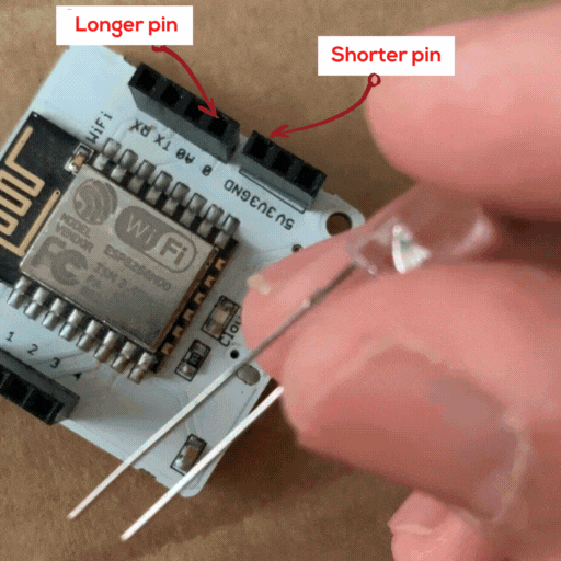 Connect the longer end of the LED to pin  0 and the shorter end of the GND pin.