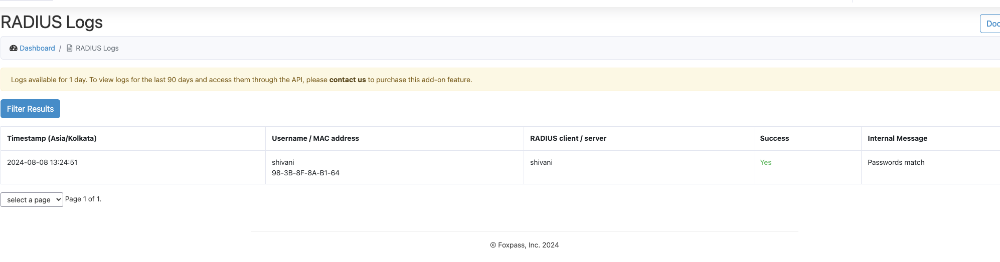 RADIUS logs page