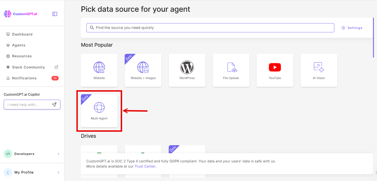 Multi-agent card on the pick data soucres for your agent page