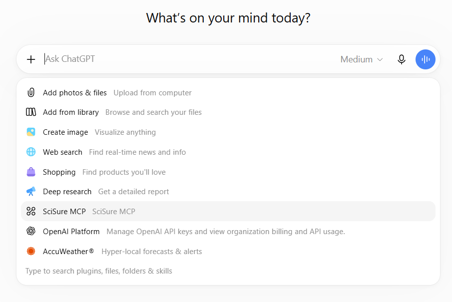 ChatGPT tools menu with SciSure MCP available to select