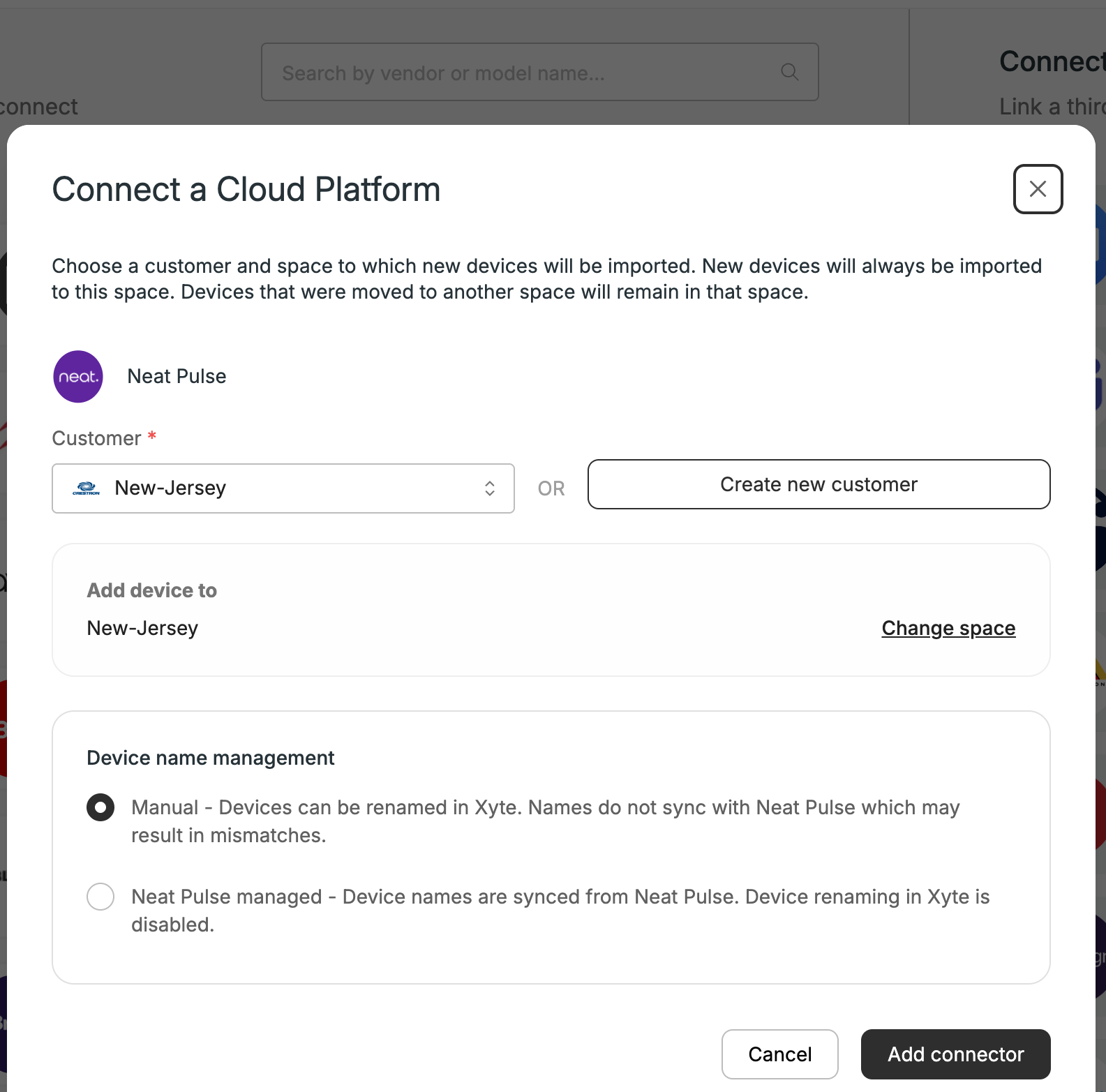 Bind the connector to a customer and space (Neat Pulse example).