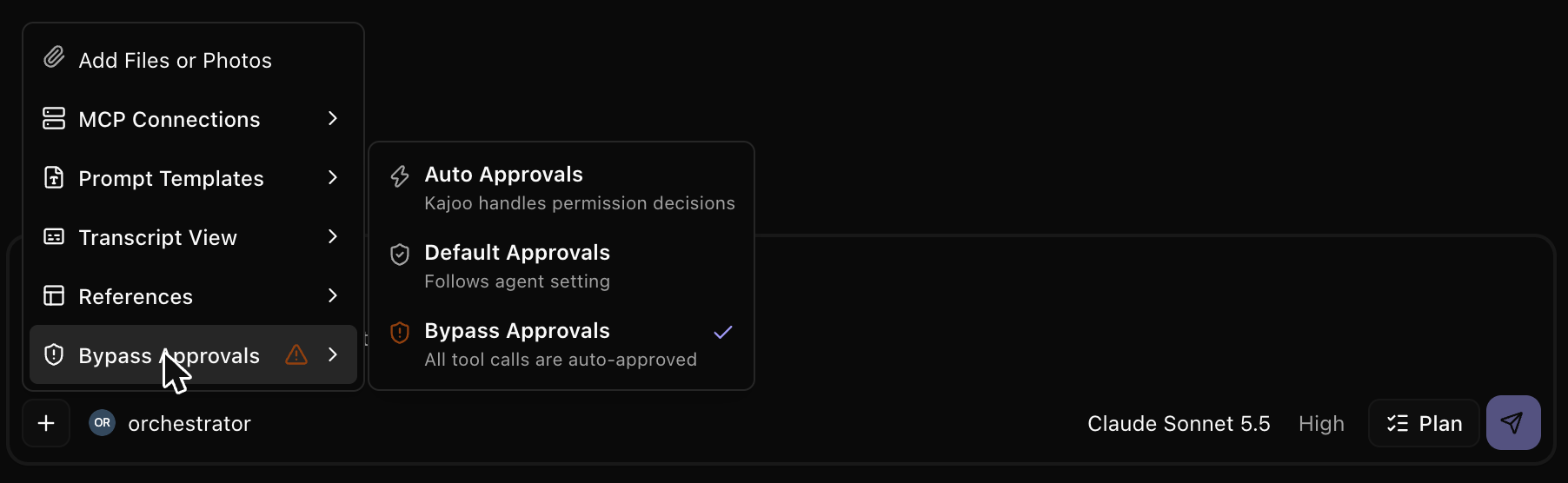 The + menu in the message box, with the Auto, Default and Bypass approval modes