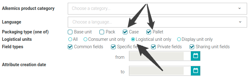 Example of filter to see fields you can find on logistical unit for typePackaging (Case and Pallet)