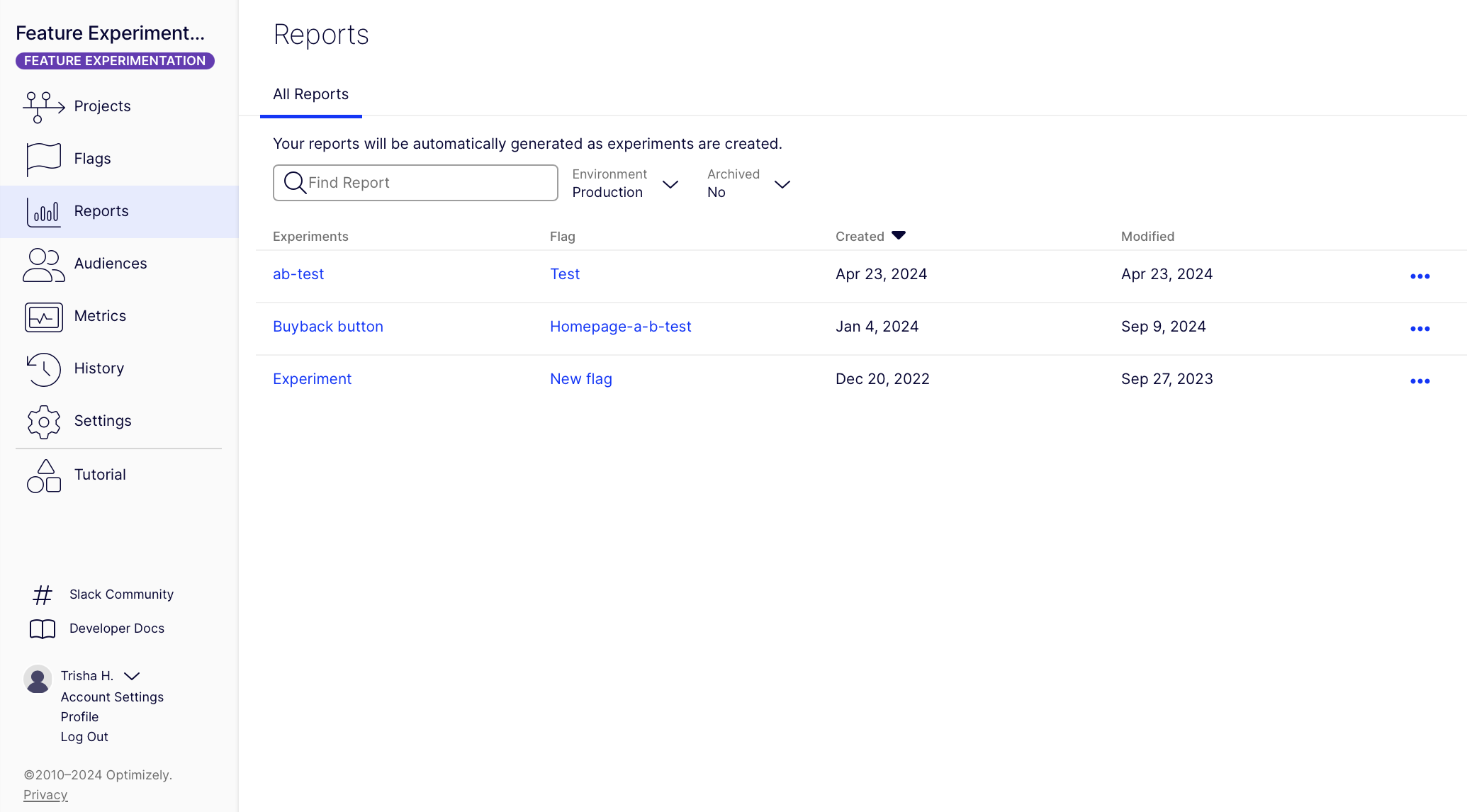 Feature Experimentation Reports page