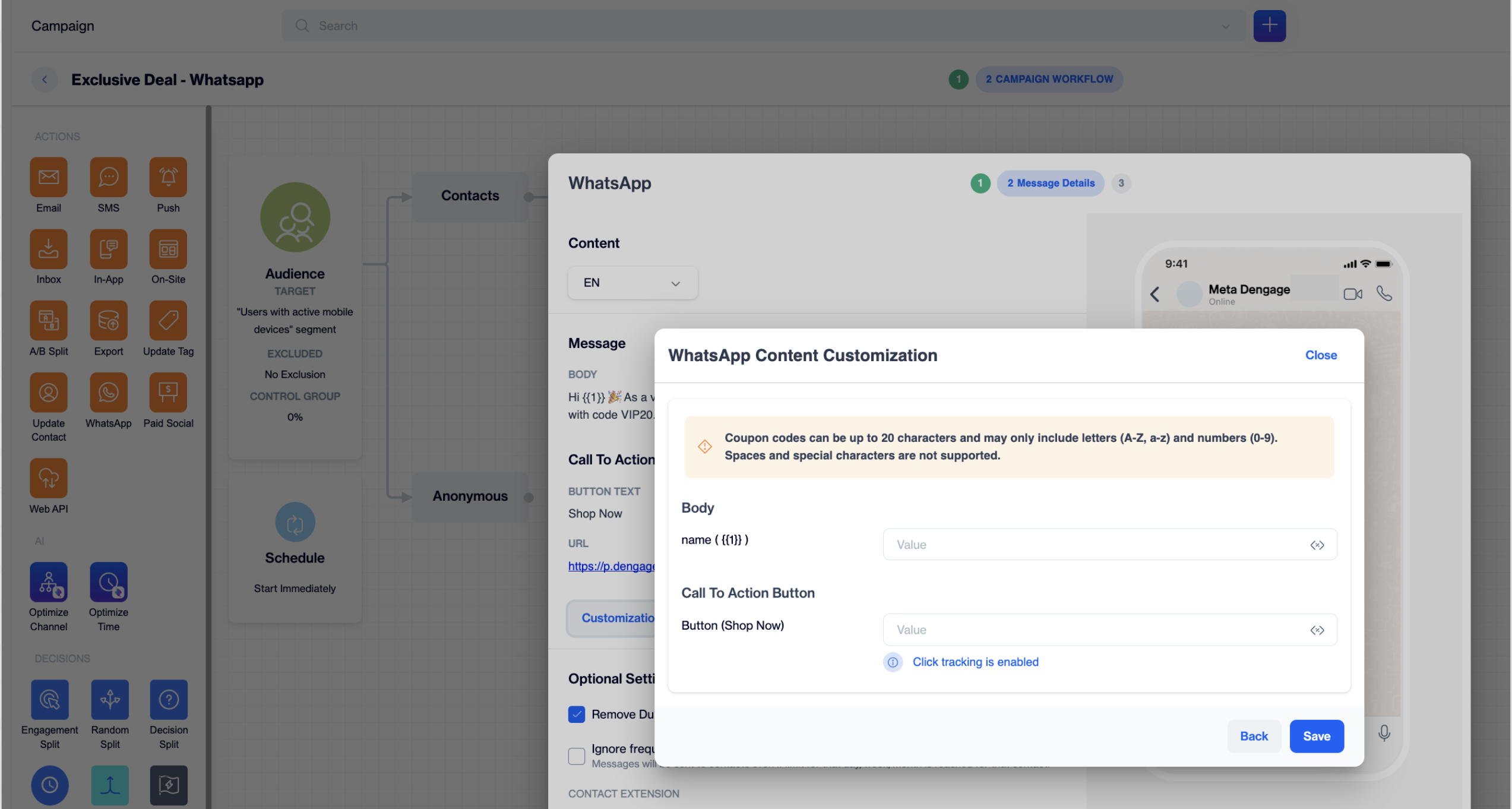 WhatsApp Content Customization panel in dengage showing two Call To Action buttons, one with the message "Click tracking is enabled"