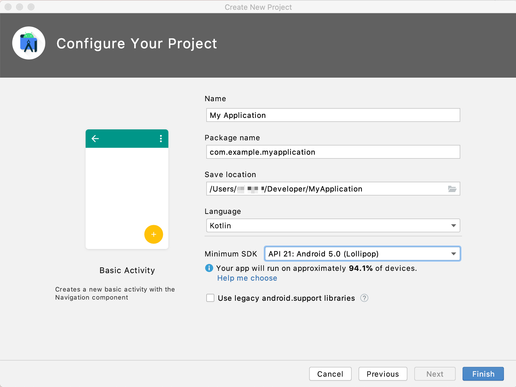 Configure Your Project screen from Android Studio. Set the minimum Android SDK version to API 21.