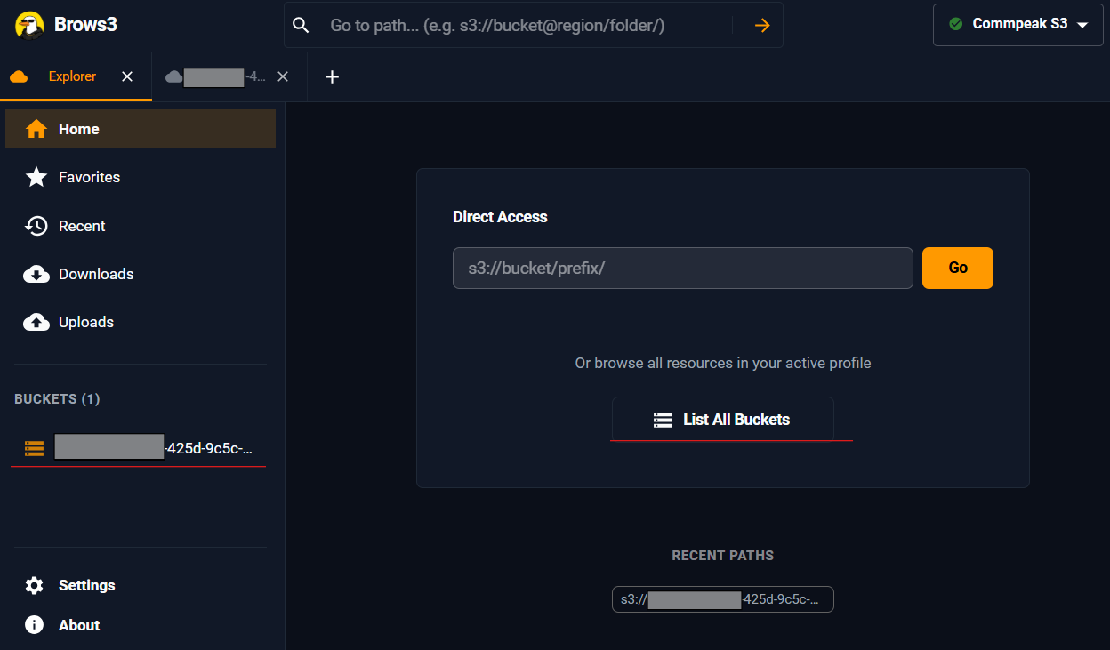 Screenshot of the bucket/recordings directory view after clicking List all Buckets