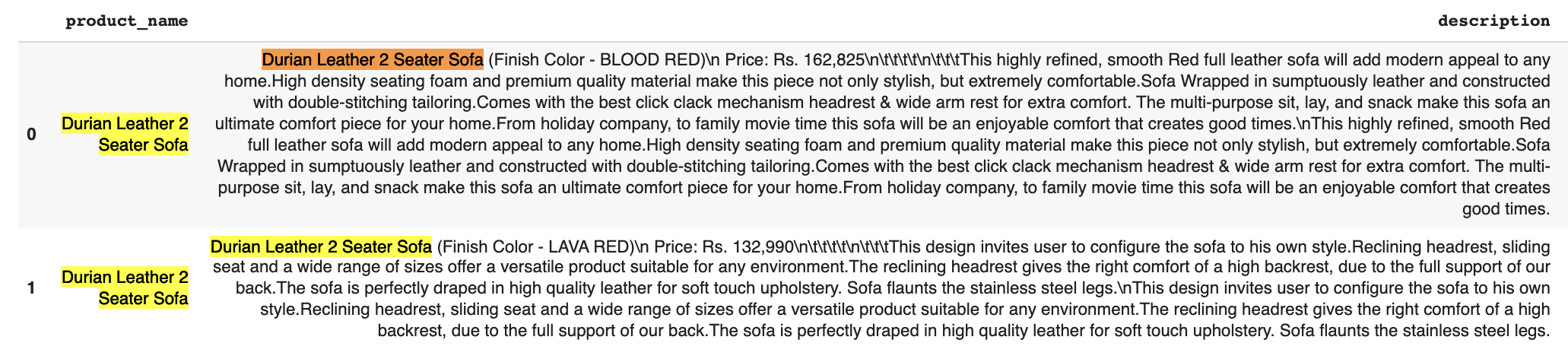 Exact match.png Filtering documents with "Durian Leather 2 Seater Sofa" as the product_name.