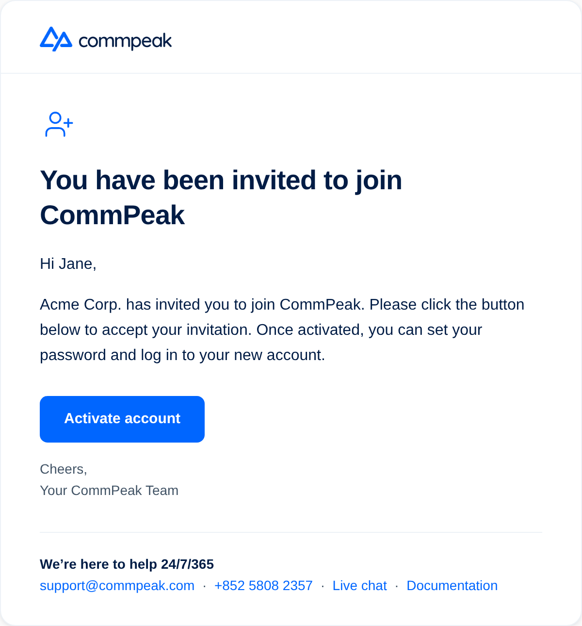 Screenshgot of the Activate my account email