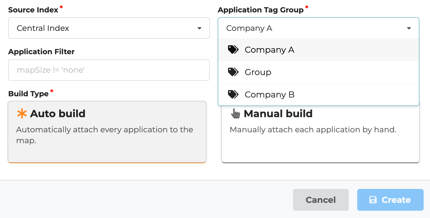 Map creation form limiting map to applications tagged with tag group `Company A`