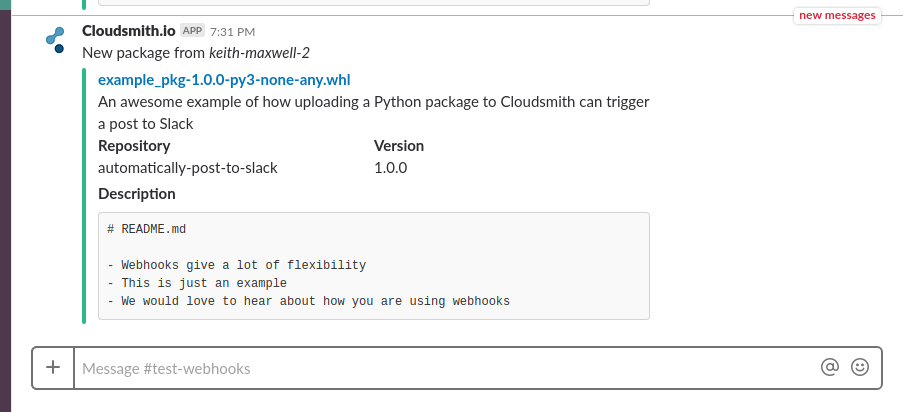 Slack message from Cloudsmith after a Python package synchronises