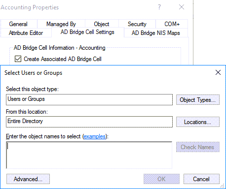 An image of the Select Users or Groups screen in AD Bridge Cell Settings