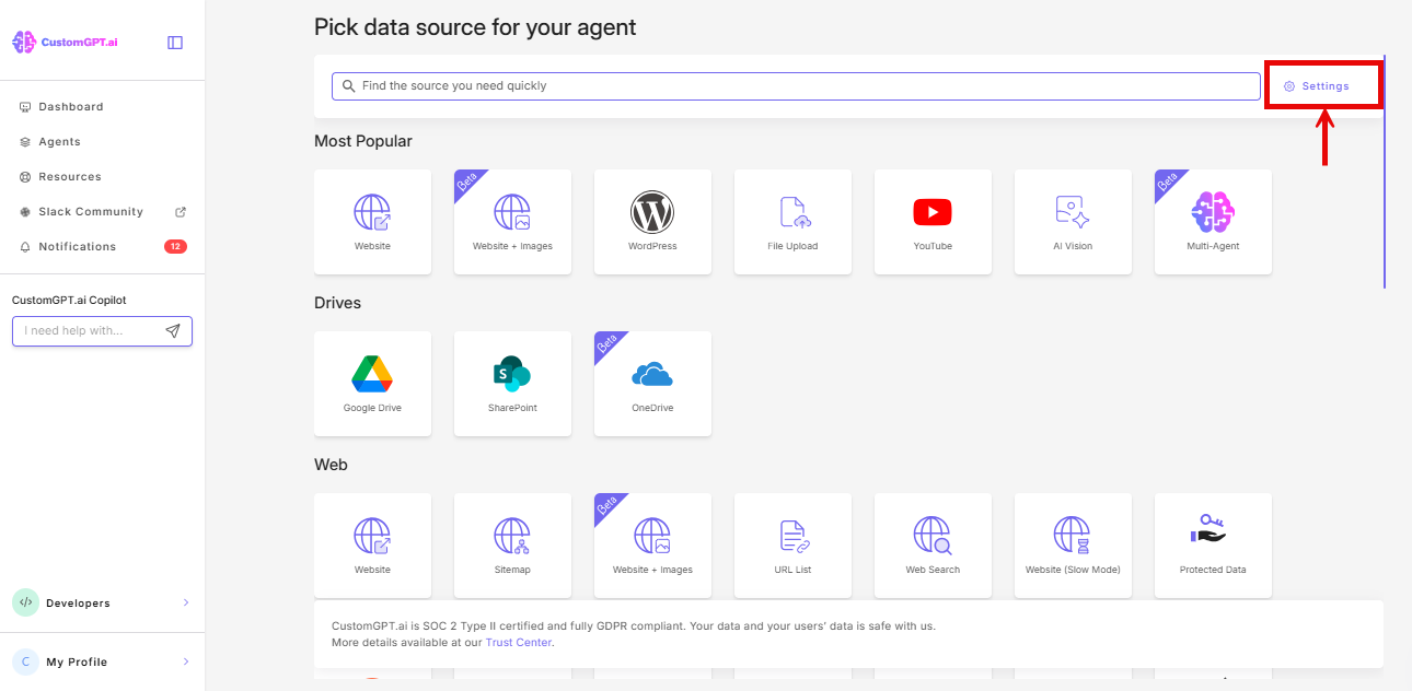 Settings option on the top right corner of the Pick data source for your agent page
