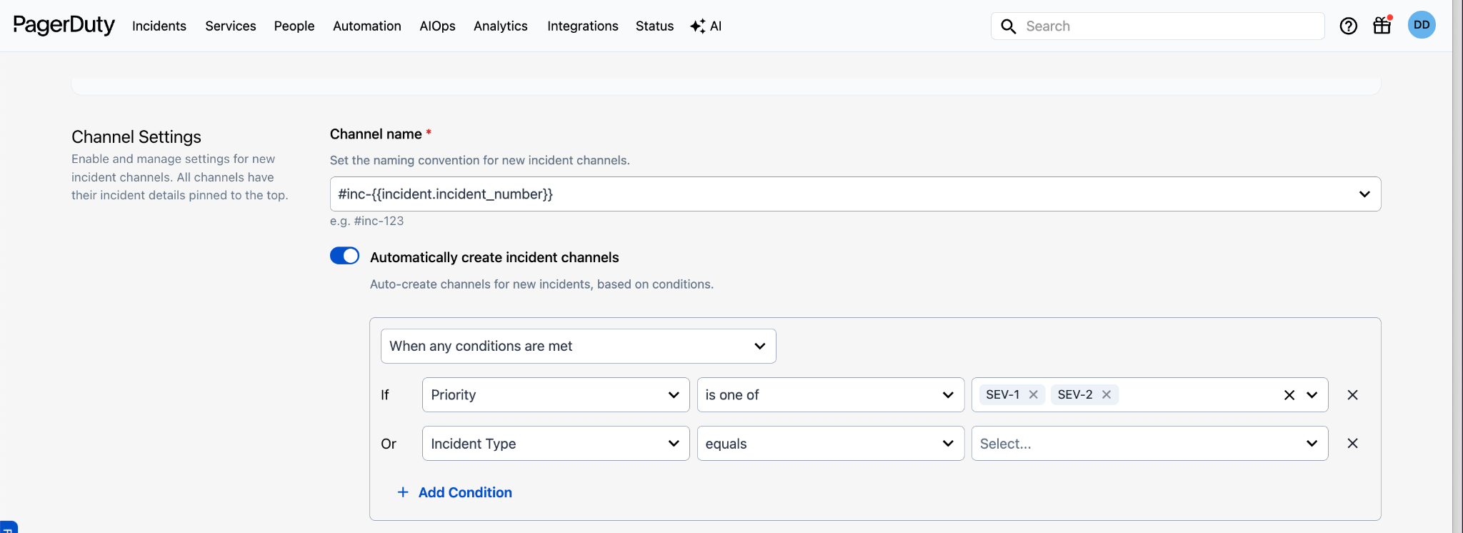 Create a dedicated incident channel in Slack settings