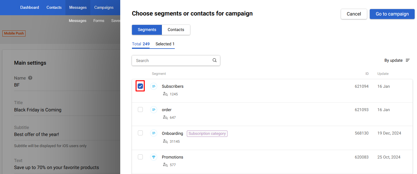 Choose segments or contacts