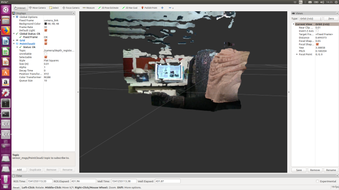 An RViz visualization of the coloured 3D point cloud from the depth ROS topic.