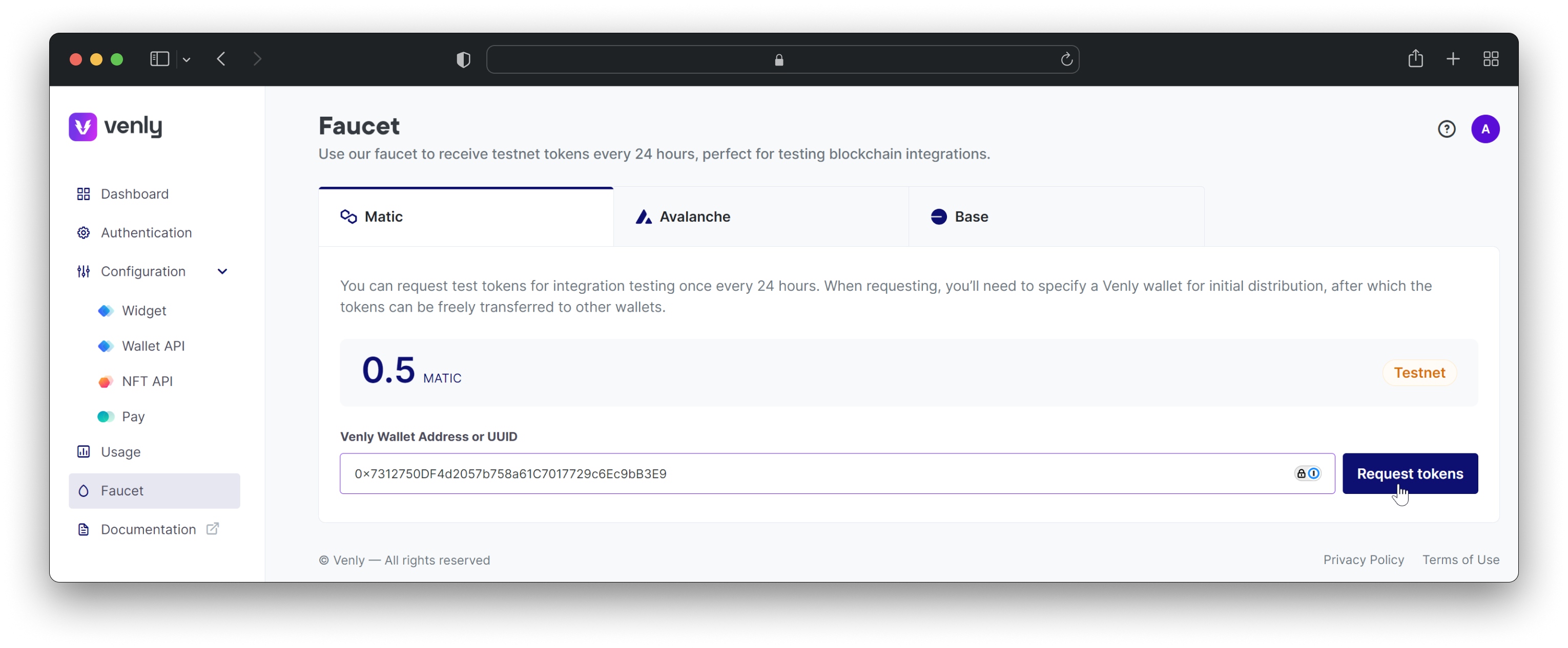 Request MATIC testnet tokens