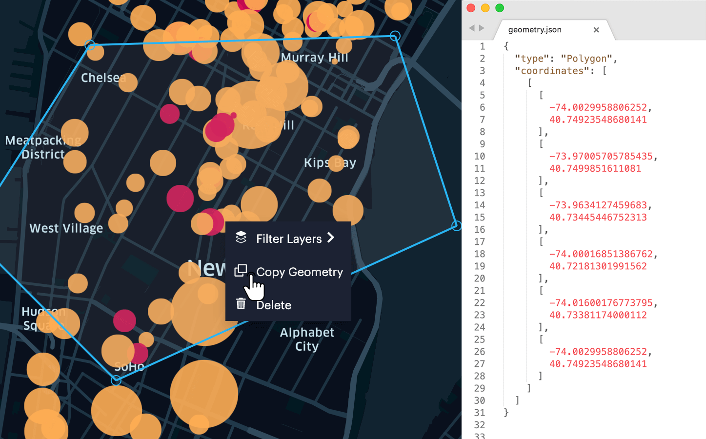 A geospatial region and its copied GeoJSON string.