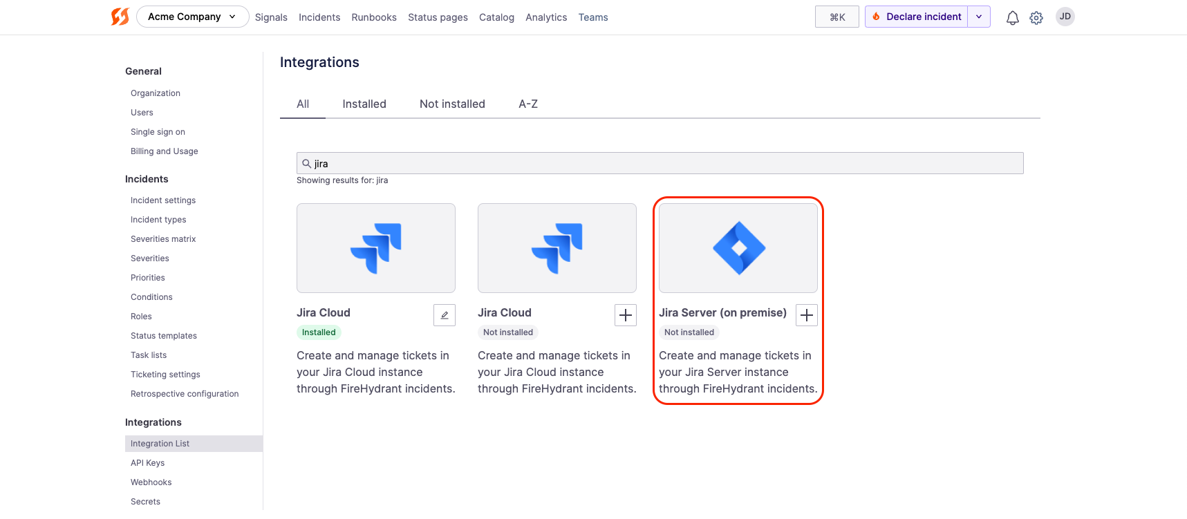 Jira Server tile in integrations