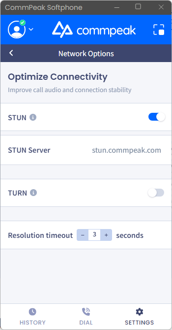 Screenshot of enabling STUN protocol settings