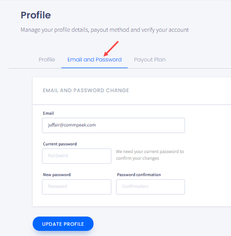 Screenshot of the Email and Password tab data