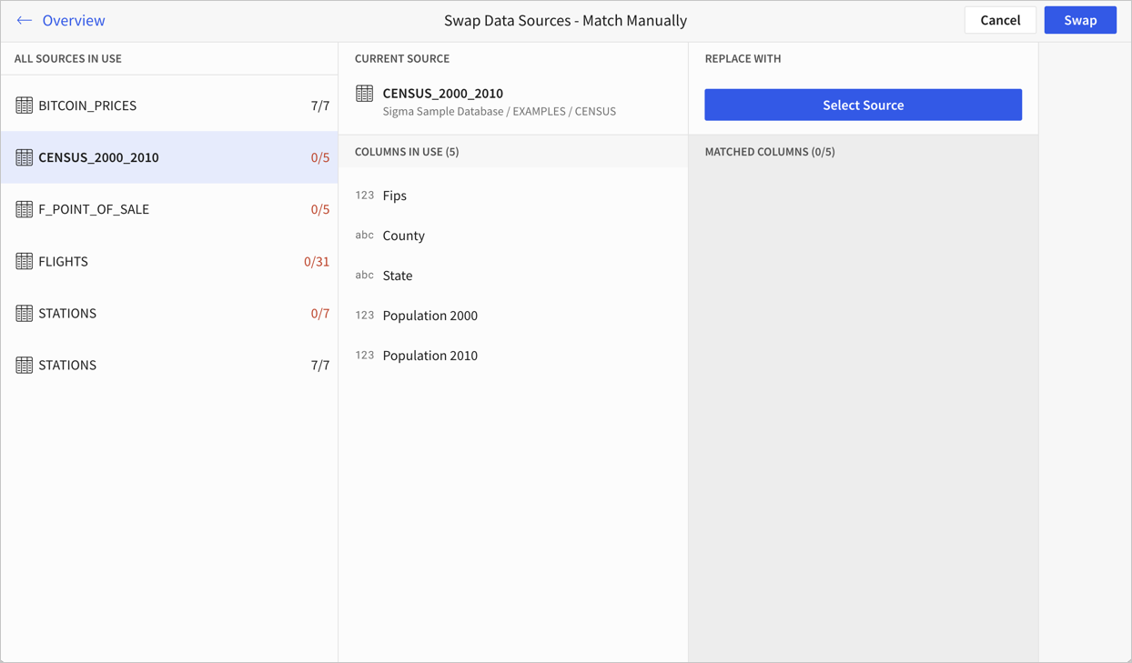 Manual match page with the next source in the list of sources selected.