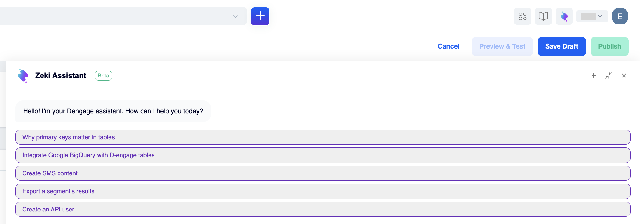 The Zeki Assistant chat panel open on the right of the screen, showing a welcome message and suggested questions
