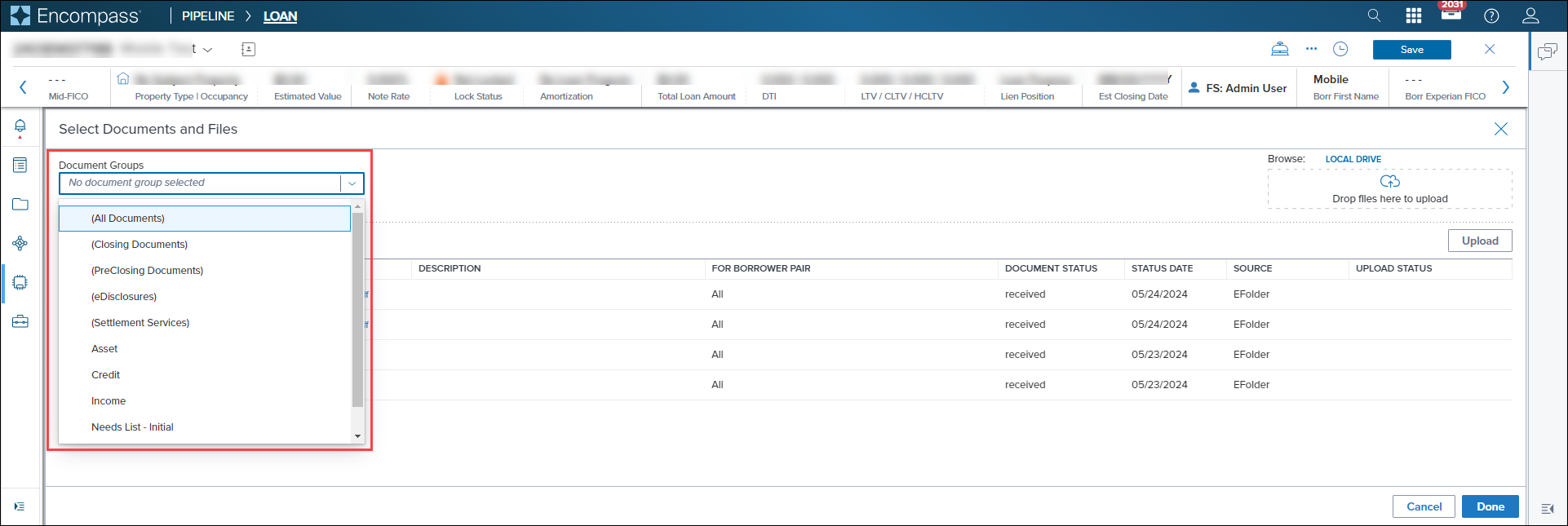 Document Groups dropdown