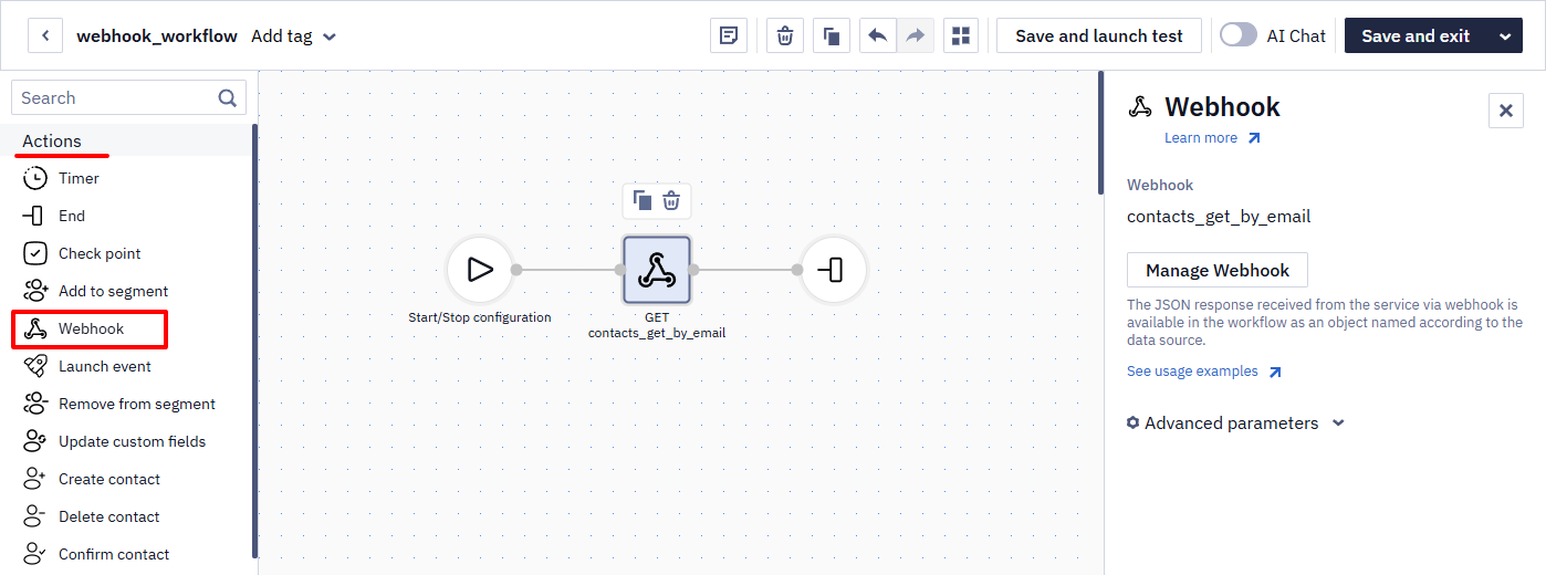 Workflow diagram with a GET webhook block named contacts_get_by_email selected, showing its settings panel with the Manage Webhook button and Advanced parameters section, and the Webhook block highlighted in the left sidebar