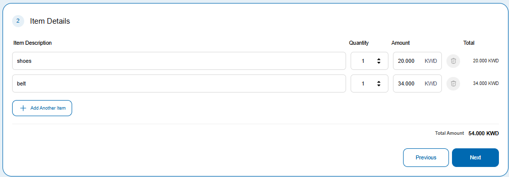 Item Details panel for entering payment-link line items