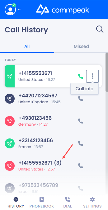 Screenshot of the grouped missed calls