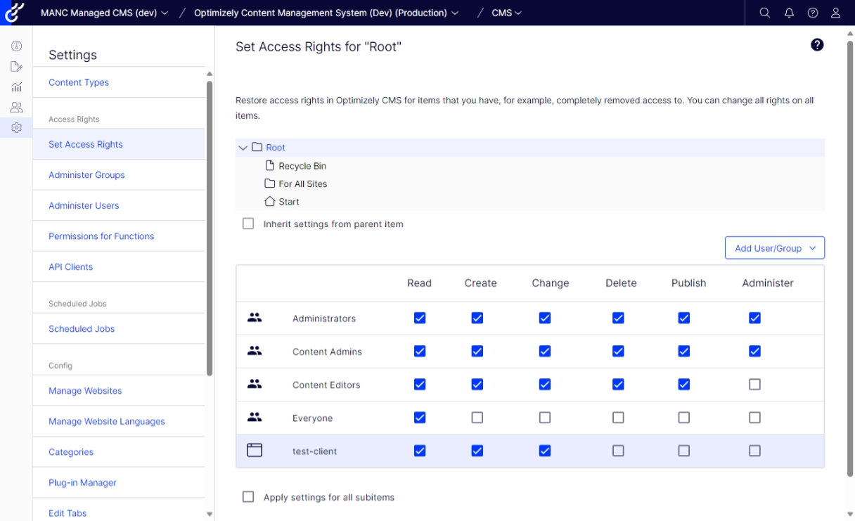 Manage API client content permissions.