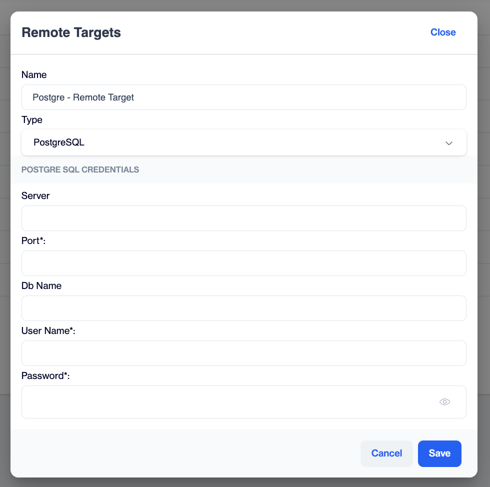 PostgreSQL credentials fields in the Remote Targets dialog