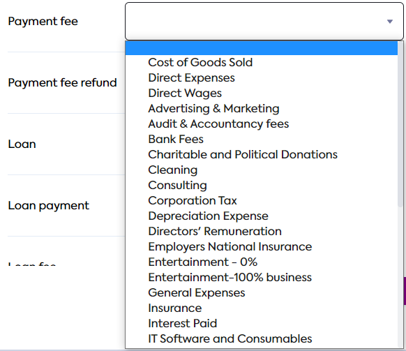 A dropdown list displaying nominal accounts that can be used to map **Payment fee** (click to expand).