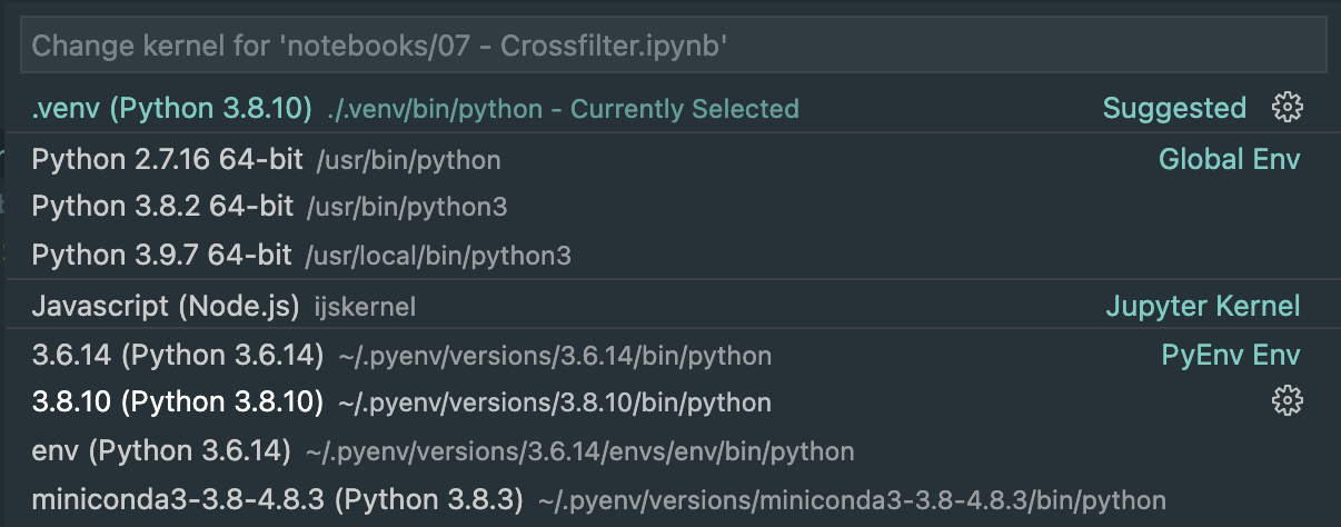 Choosing a Python environment in VS Code.