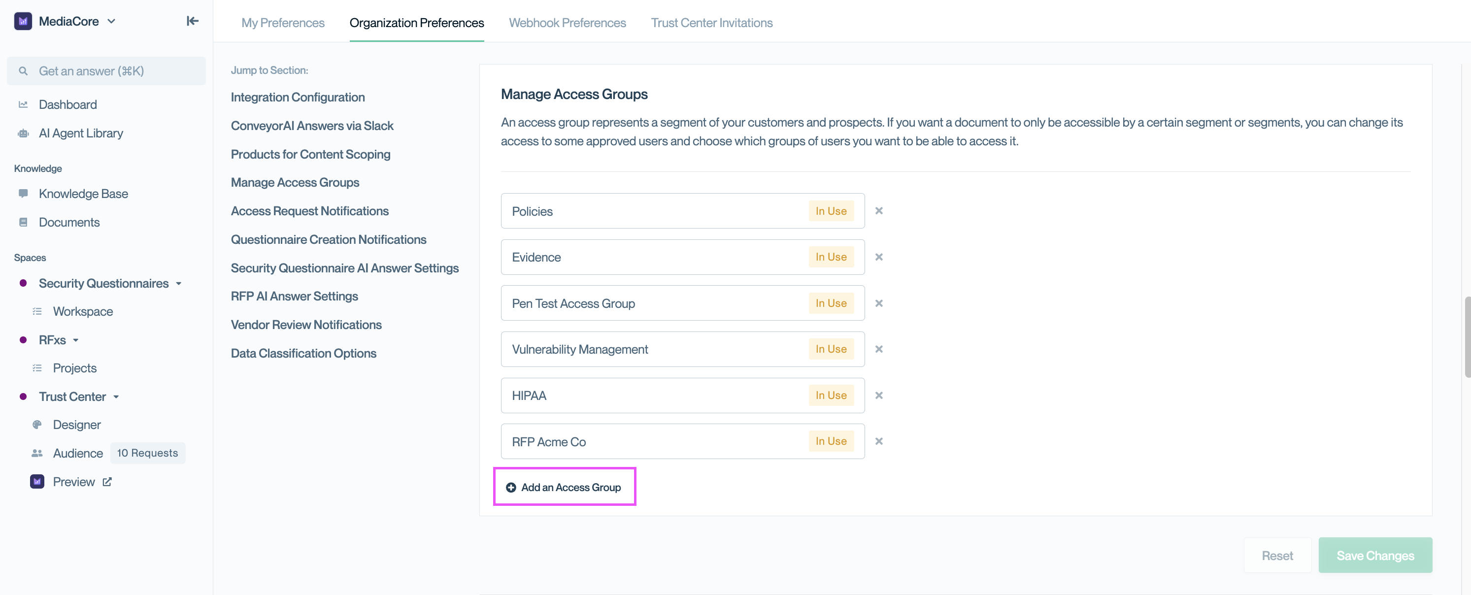 Organization Preferences screen showing the Access Groups section and 'Add Access Group' button.