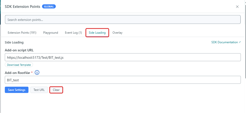 SDK Dev Tools panel with the Side Loading tab and Clear button highlighted