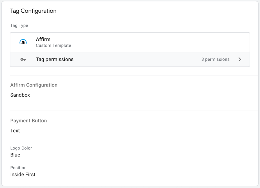 Tag Confirmation section with Tag Type, Affirm Configuration, Payment Button, Logo Color, and Position subsections.