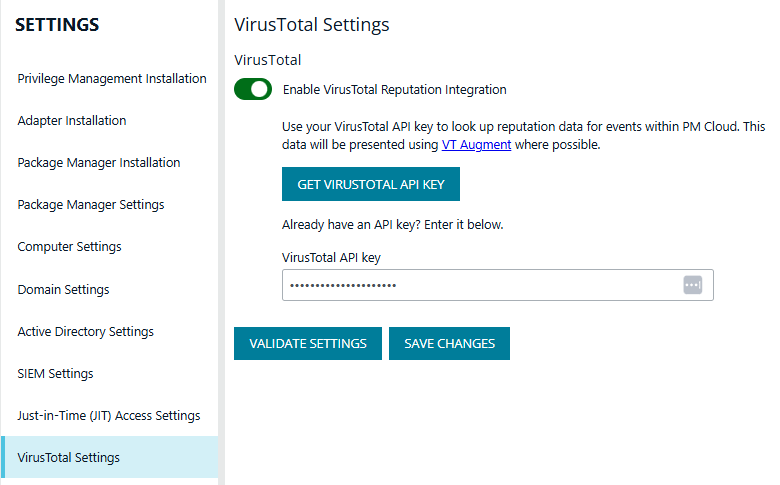 VirusTotal settings