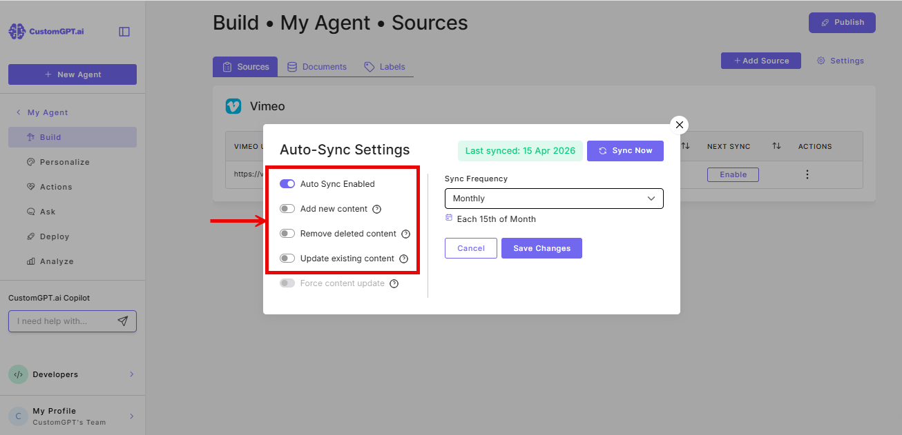 Aut-sync settings for Vimeo 