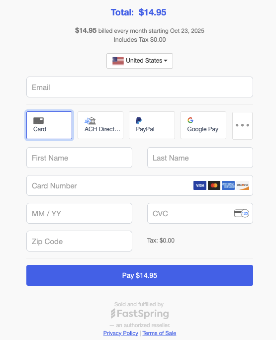Inline view checkout showing horizontal payment method buttons for Card, PayPal, and other options