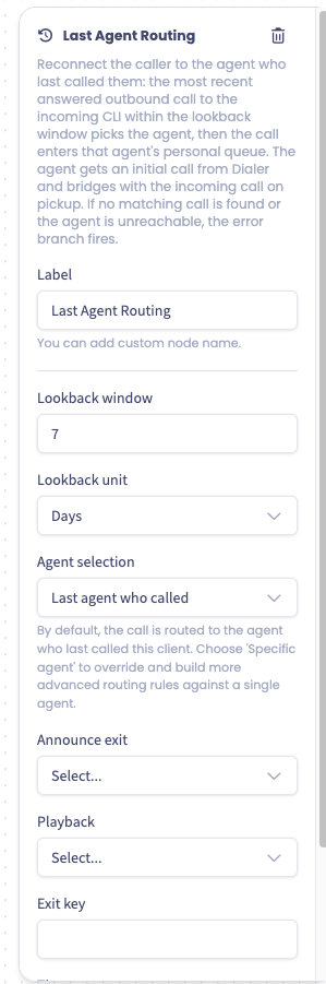 Last Agent Routing node configuration panel