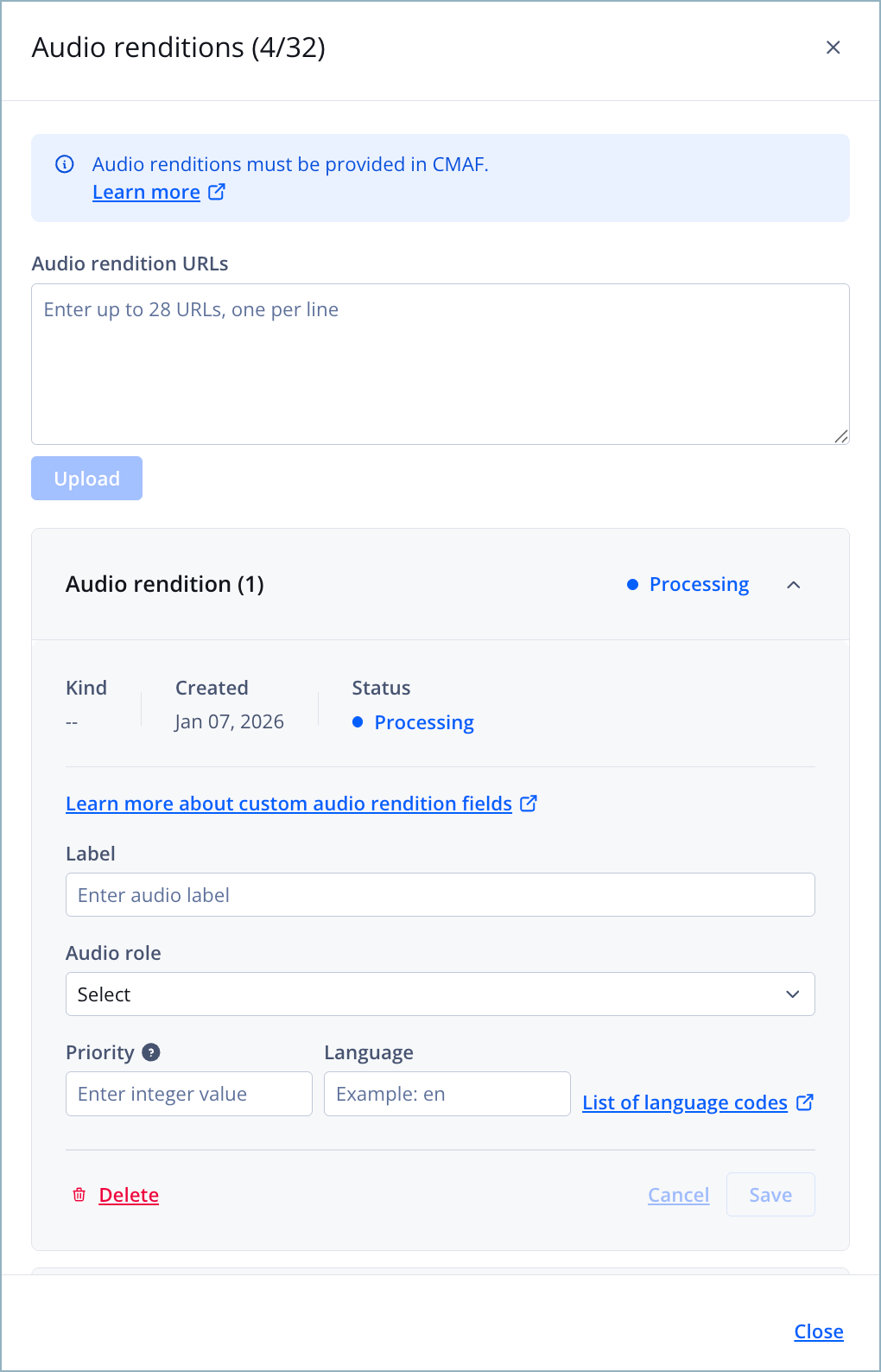 Audio renditions panel